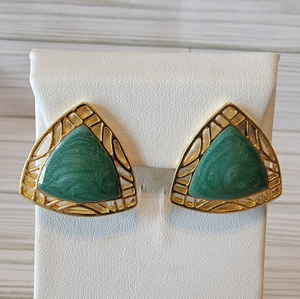 Vintage Green Marbled Enamel Gold Tone Geometric Triangle Pierced Earrings